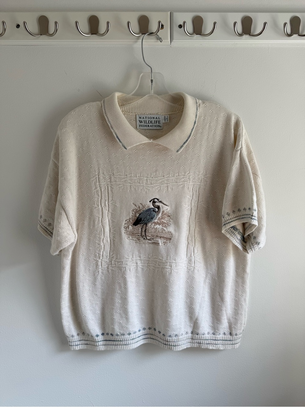 Vintage National Wildlife Federation Cream Polo Sweater with Heron Embroidery